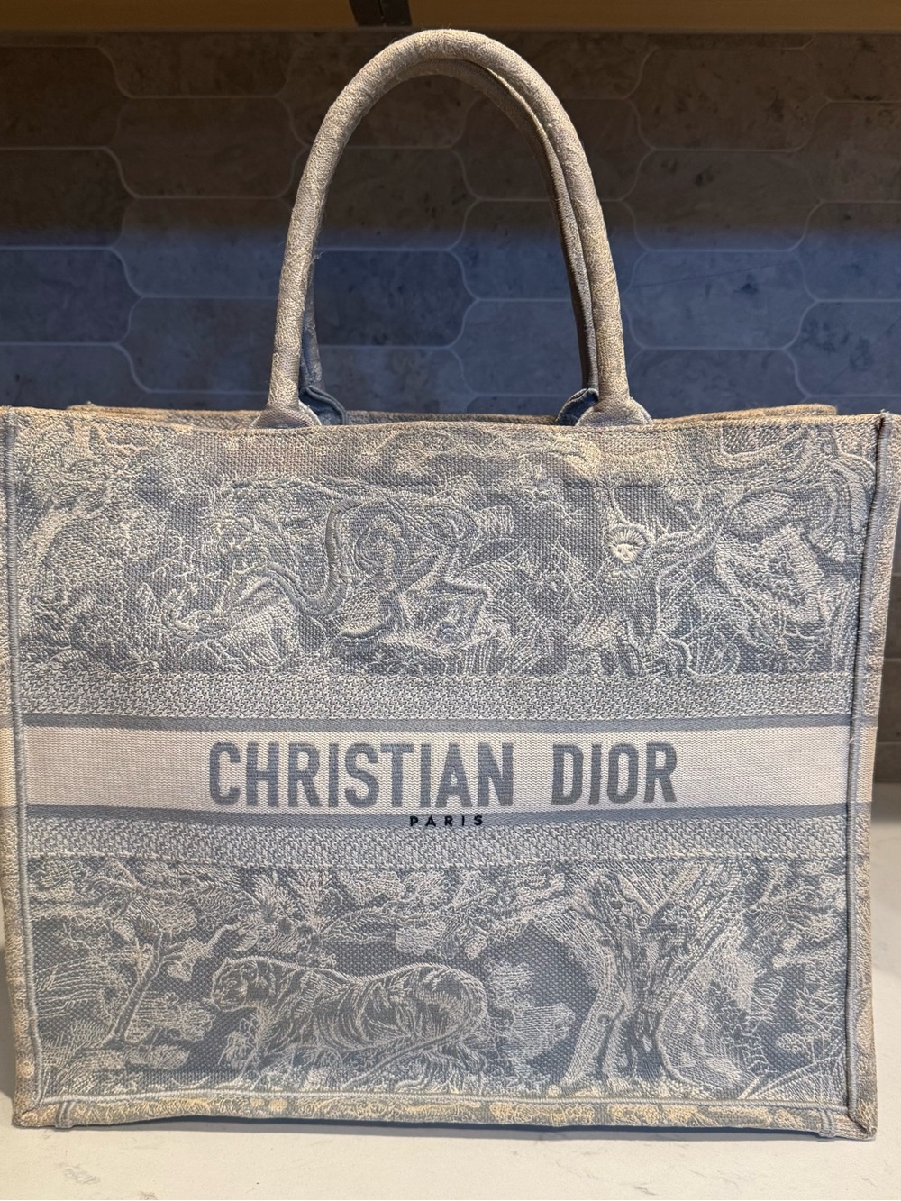 Dior Grey and White Embroidered Book Tote